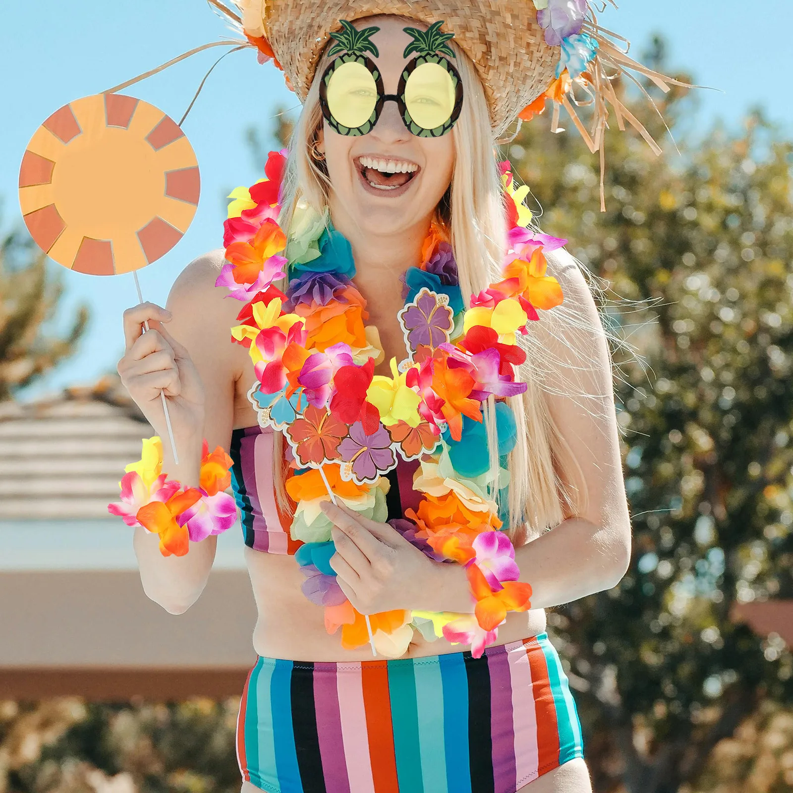 1 Juego de guirnaldas de flores grandes, accesorios hawaianos para fiesta, accesorios tropicales para vacaciones en la playa, decoraciones para disfraces de celebración Luau