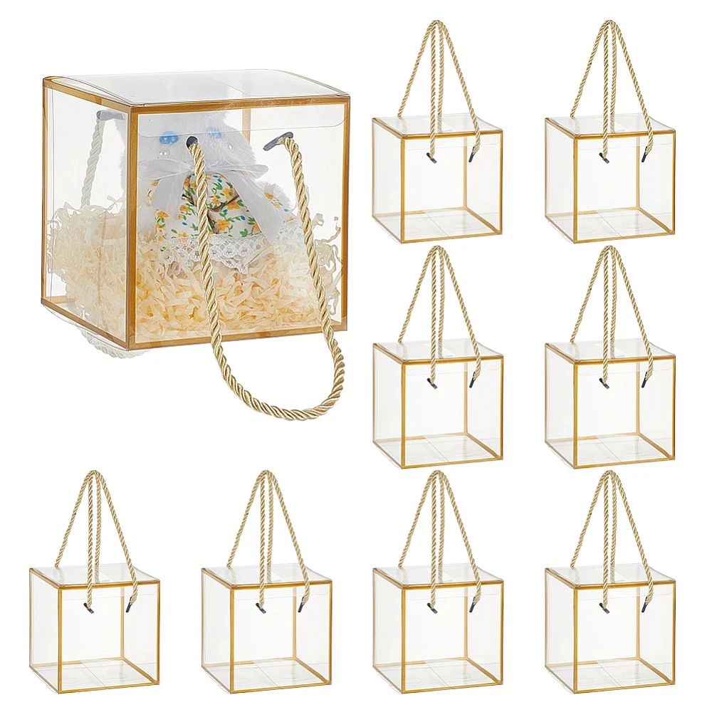 10 Set PET Gift Box 4.7x4.7x4.7 Inch Transparent Square Favor Boxes Gold Edged Clear Plastic Favor Boxes with Handles