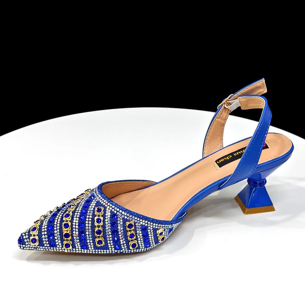 2025 Summer New Design Specials Italian Women Shoes and Bag Set Blue Color Comfortable Low Heels With Rhinestone