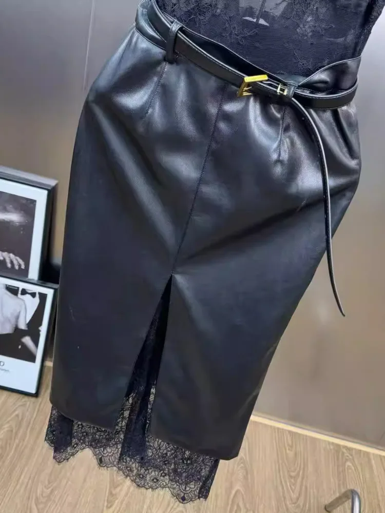 DFDG Damen Frühlingskleid aus schwarzer Spitze, Cami-Leder, Gürtel, hohe Taille, geteilter Saum, elegante Party, Clubwear, 2025, trendiges, feminines Kleid