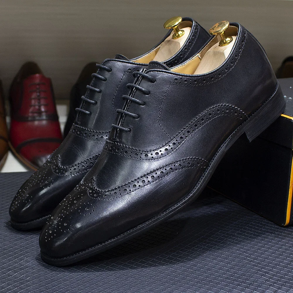 Luxury Italian Style Mens Dress Shoes Calfskin Genuine Leather Brogue Business Wedding Party Wingtip Formal Oxford Shoes for Men