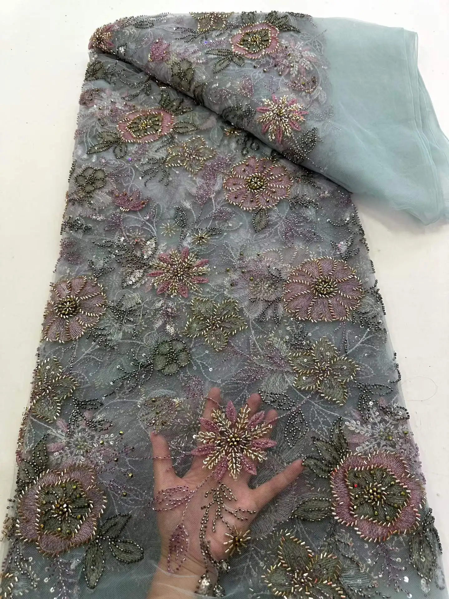 

African French Sequined Lace Fabrics 2026 High Quality Tulle Lace 5 Yards Nigerian Embroidered Dress Material For Party Wedding