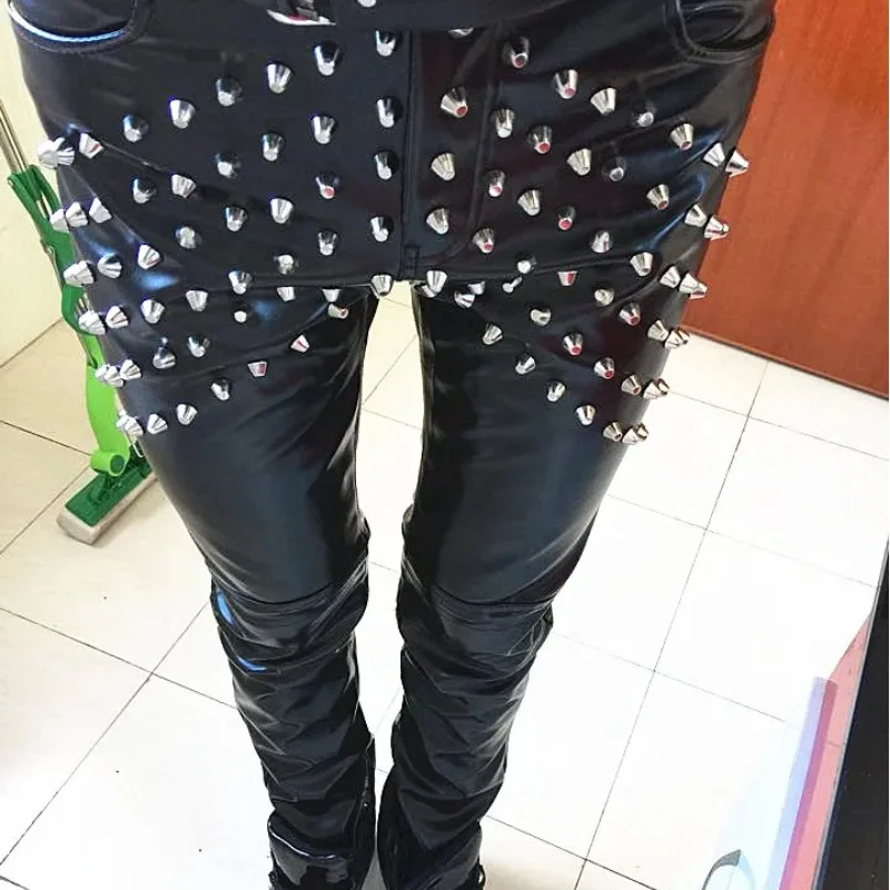 Personality Tide Male Black Rivet Leather Pants Rock Band Singers Performance Costume Bar Punk Dancer Stage Wear Slim Trousers