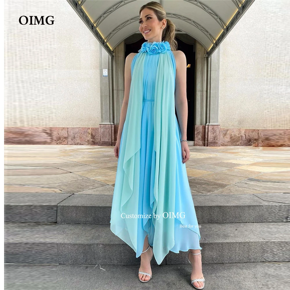 

OIMG High Neck Blue Chiffon Evening Dresses 3D Flowers Dubai Arabic Women Straight Formal Party Dress Prom Gowns Casual Skirt