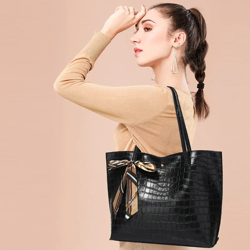 Bolsa de couro crocodilo feminina, bolsa compradora de grande capacidade, bolsa casual de luxo, moda, 2023