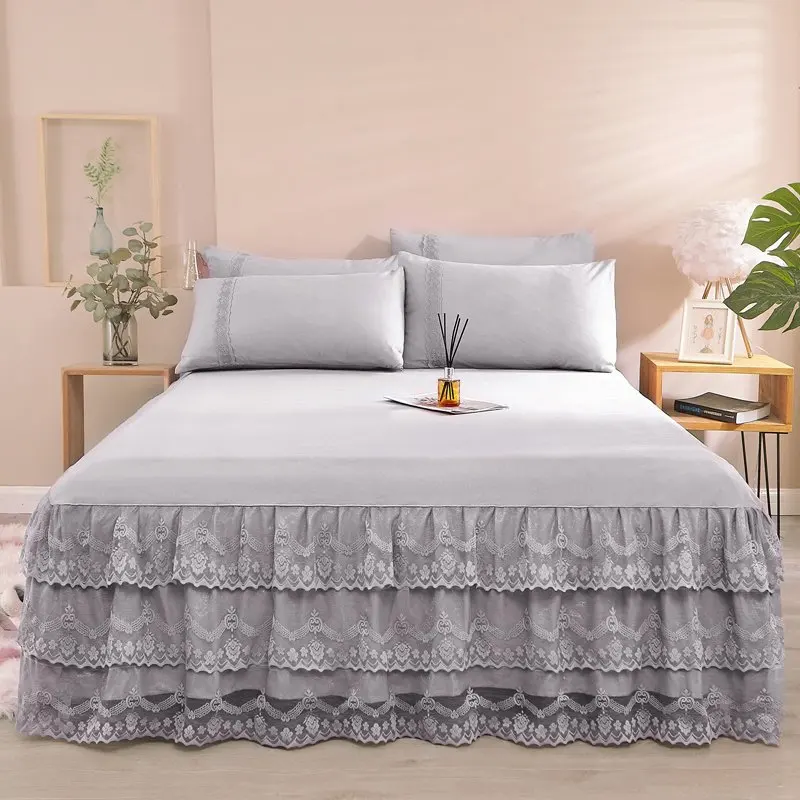 Conjunto de saia de cama com babados, capa de colchão antiderrapante, estilo princesa, sem pilling, quarto, 3 peças