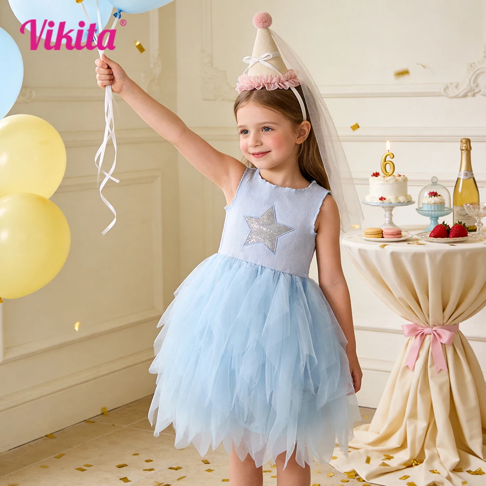 

Girl Sleeveless Tutu Knitted Dress Light Blue Princess Fluffy Star Embroidery Dress for Casual Daily Formal Holiday Party Outfit