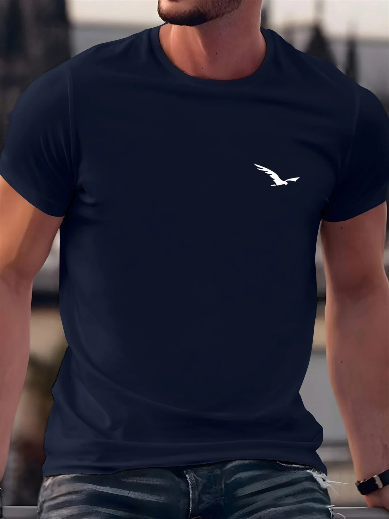 Men's Summer 100% Cotton Fashionable Casual Loose Sport Bird Pattern Printed Round Neck Short Sleeve T-shirt Top