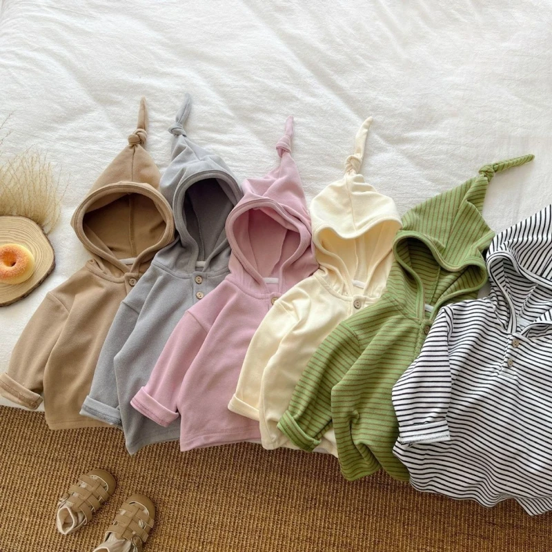 2026 Spring/Summer New Children's Solid Color and Stripe Soft Sticky Hooded Long Sleeve T-shirt