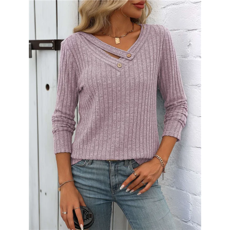 ASDS-Kemeja Lengan Panjang Untuk Wanita Sweater Musim Gugur Leher V Atasan Dasar Kasual Bergaya Pullover Trendi