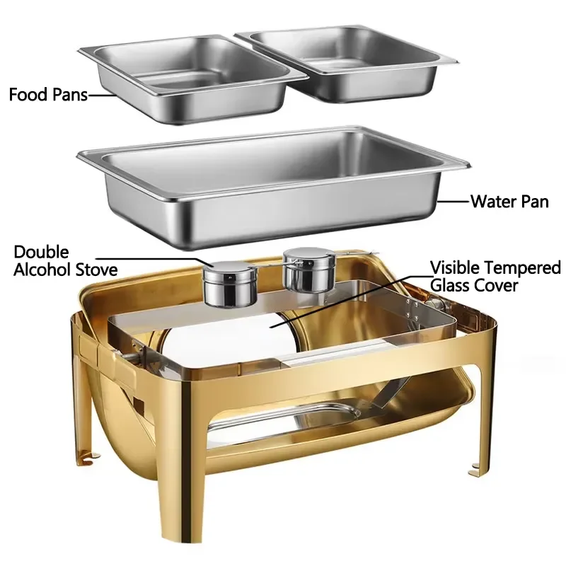 Kitchen Equipment Buffet Appliances Stainless Steel Food Warmer Double Pot Gold Food Warmer 9L Roll Top Insulation Plate with