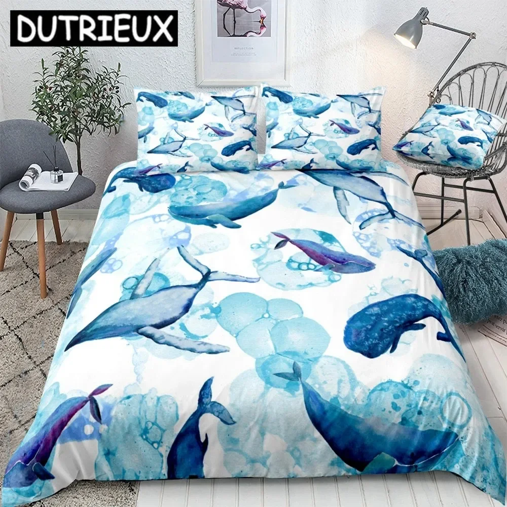 Ocean Duvet Cover Set Blue Whale Bedding Set Sea Animal Bed Linen Striped Beds Set Kids Teens Home Textile Microfiber Bedclothes
