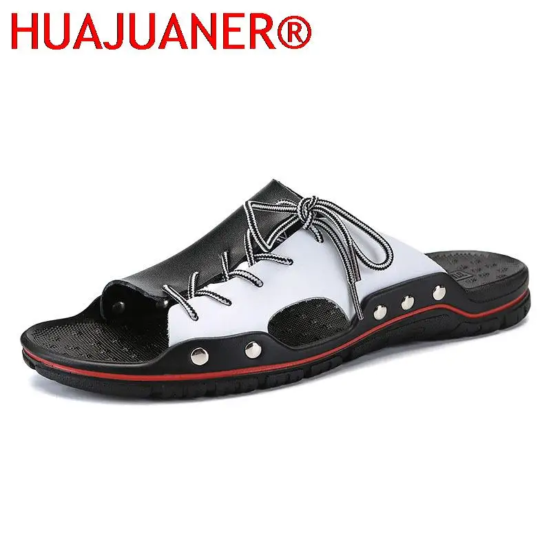 Zapatos antideslizantes de piel auténtica para hombre, a la moda Chanclas de playa, chanclas de Interior para el hogar, talla grande 38-48