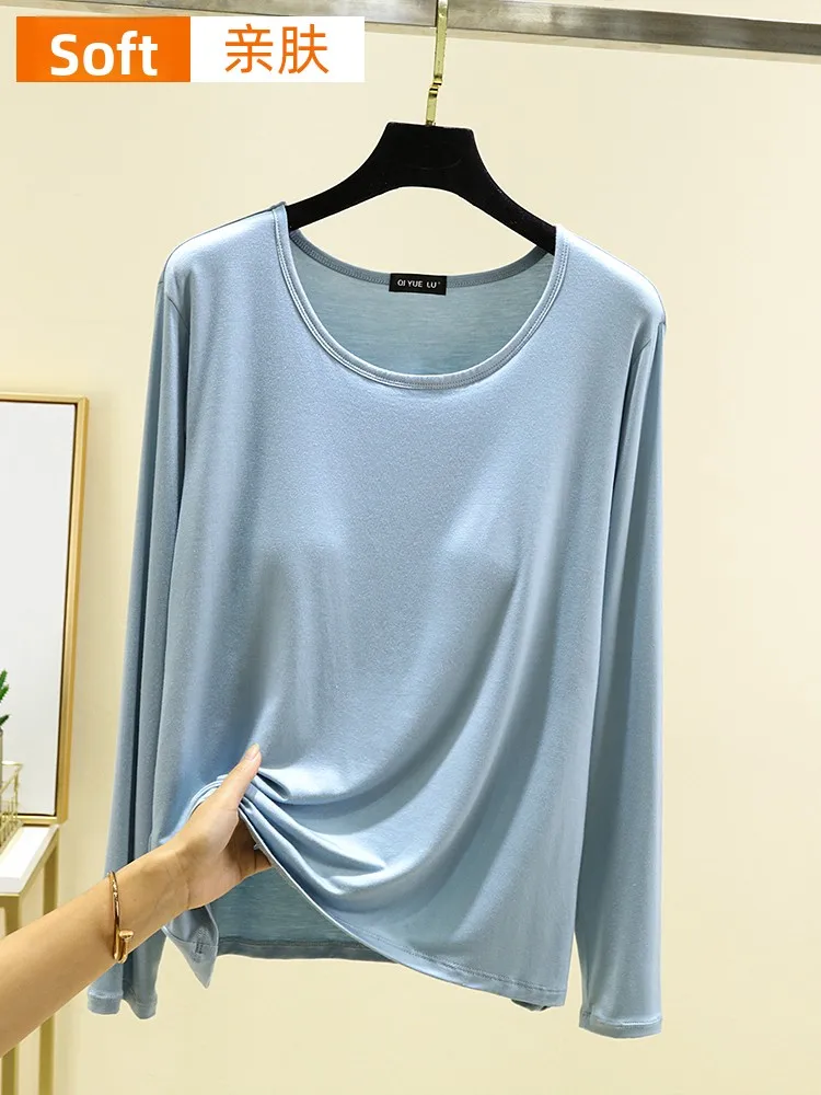 Casual Modal Women's Long Sleeve Base Shirt Spring Autumn Thin Large Size Loose Versatile T-Shirt round Neck Regular Length