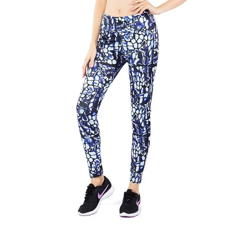 

Women's Blue Crocodile Print High Waist Leggings, Stretchy Slim Fit Workout Yoga Pants