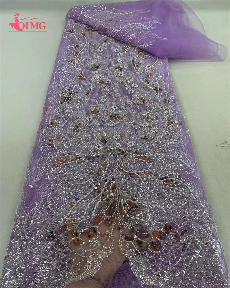 OIMG Nigerian Sequins Sewing Material for Women, Fluffy Embroidery, French Lace Fabric for Wedding, High Quality, 5 Yards, 2024