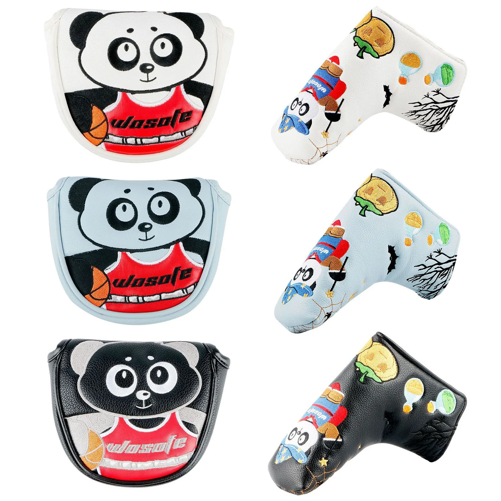 Panda Embroidery Golf Club Head Cover Magnetic-closure Putter Protective Cover PU Leather Headcover with Velvet Lining