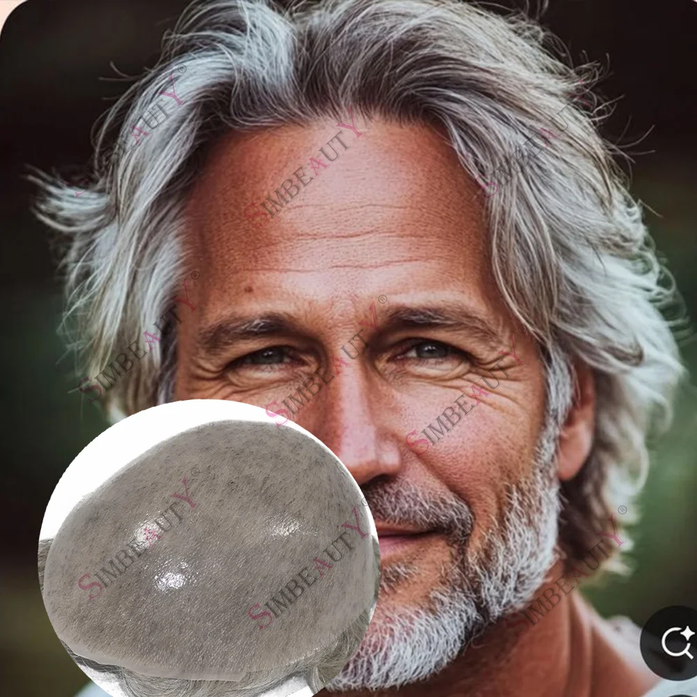 

Мужской парик-накладка 0.06 мм, ультратонкий, серо-русый, с натуральной линией роста волос, незаметный, омбре 4T613 # Система замещения волос из 100% натуральных человеческих волос