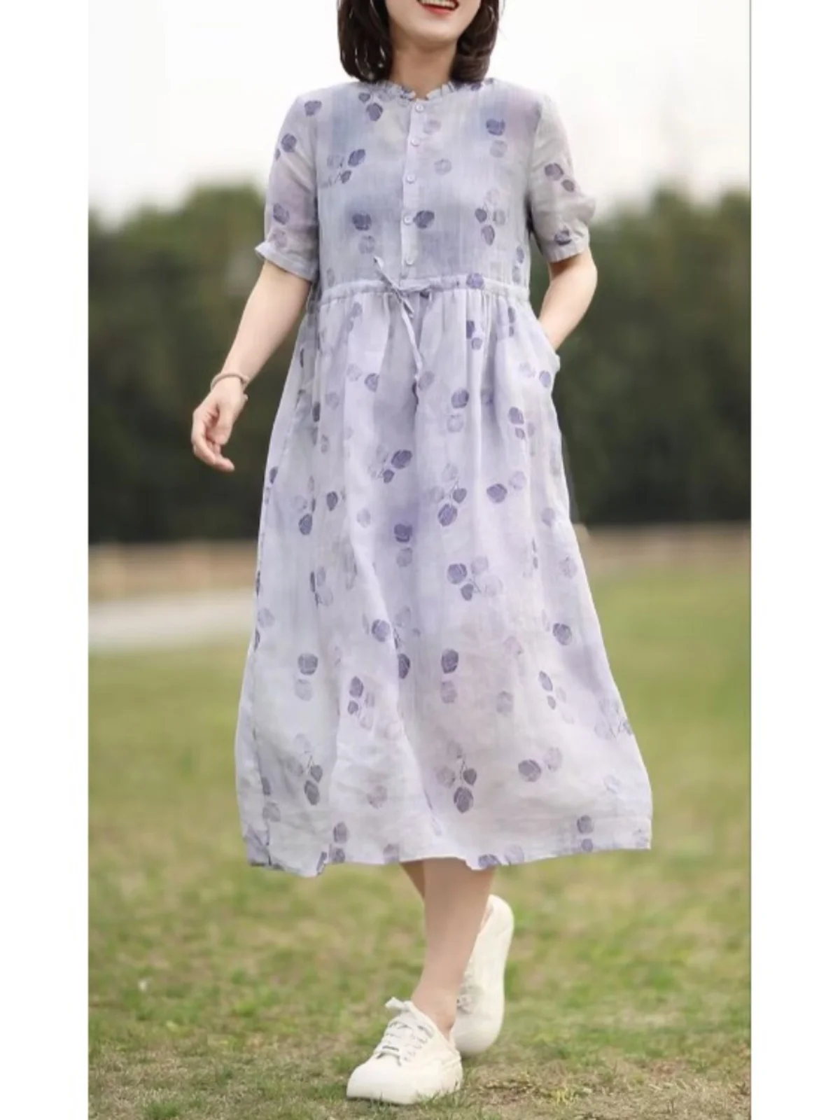 مكافحة الشيخوخة الأزهار طباعة الكتان ort Sve ميدي الدكتور الصيف فضفاض Gored Netie الخصر التخسيس ألف خط تنورة للشابات