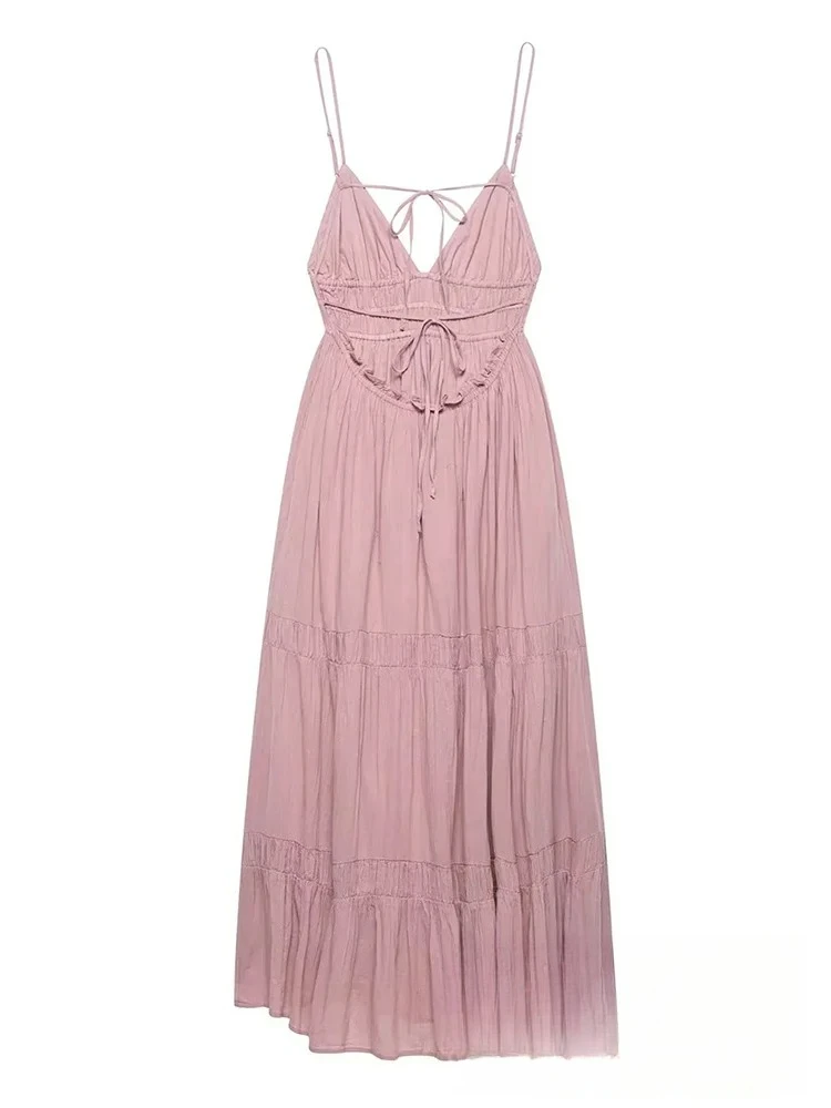 KONDALA-vestido Sexy de color rosa liso para mujer, vestido largo drapeado sin mangas, moda 2025, vestido de playa sin espalda para vacaciones de primavera y verano