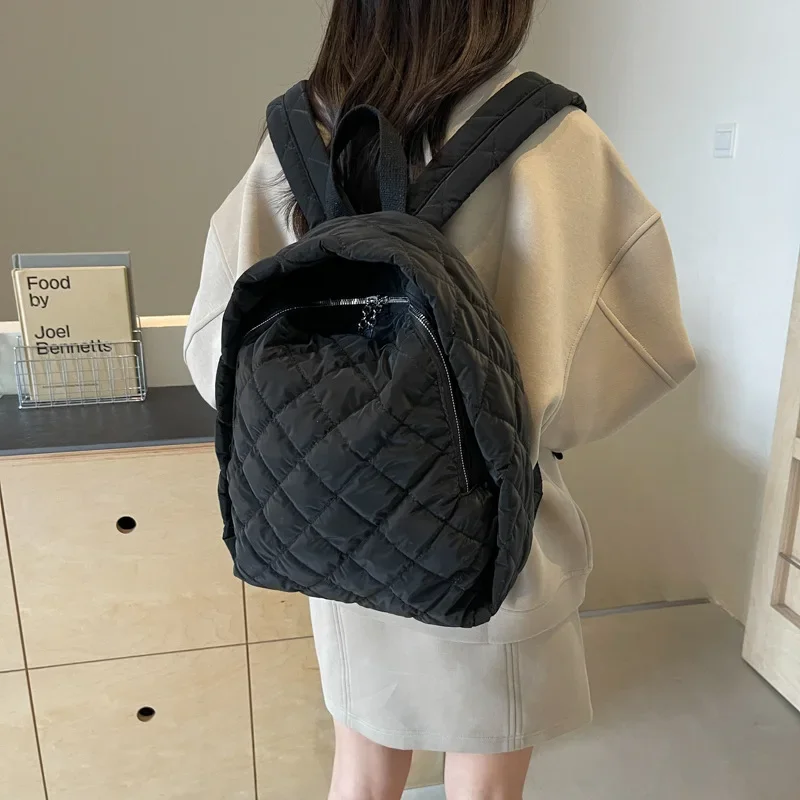 

Fashion Women Cotton Backpacks Lattice Embroidery Line Shoulder Bags College Student Lightweight Schoolbags Female Leisure Bag