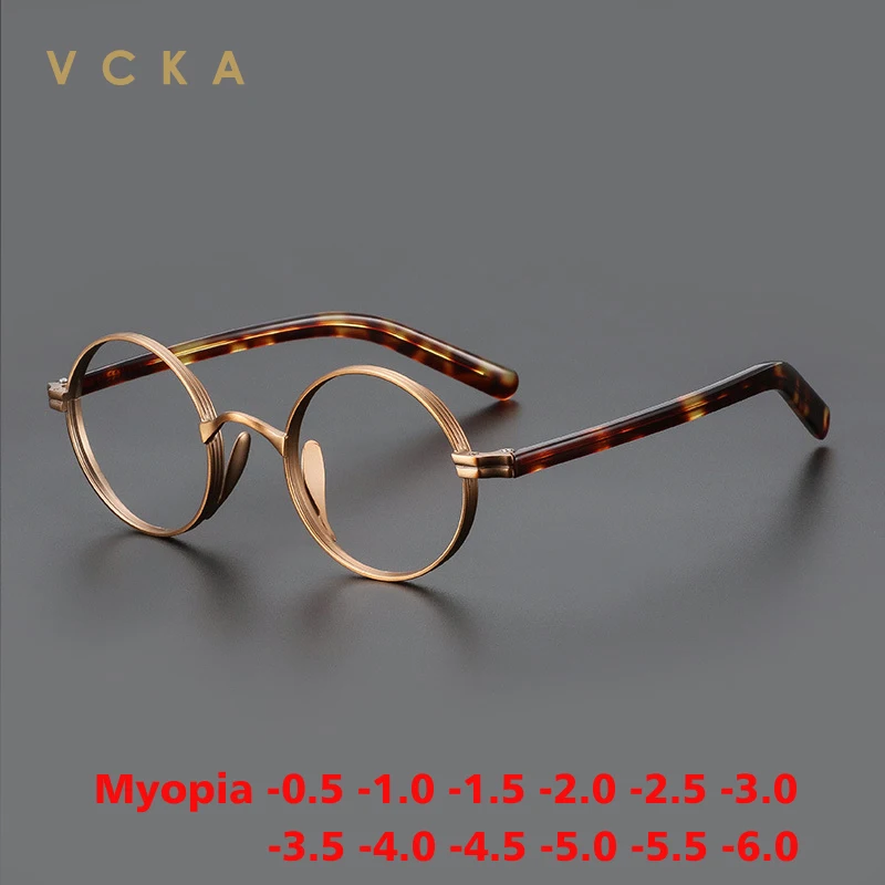 VCKA Pure Titanium Men Women Myopia Glasses Frame Vintage Optical Prescription Eyeglasses Large Ultralight Eyewear -0.50 to -10