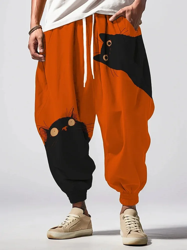 

Мужские свободные спортивные штаны с принтом черного кота на талии, осень 2023, длинные брюки-шаровары, повседневные брюки, Ropa Hombre, спортивная одежда