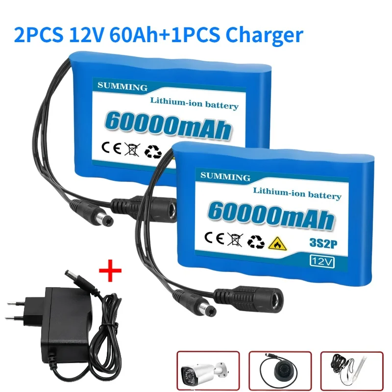 

18650 3S2P 12V 60AhOriginal Lithium Ion BatteryDC 12.6V 60Ah Rechargeable CCTVCamera Monitor Replacement Battery+Charger