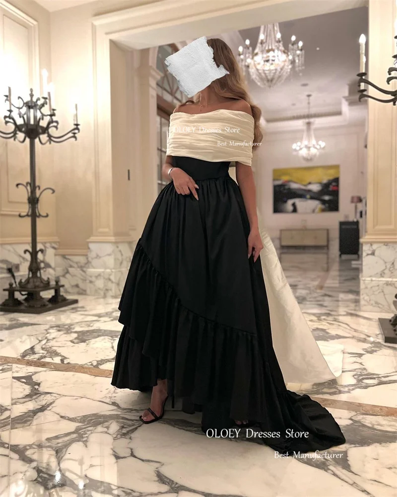 OLOEY-árabe saudita marfim e preto tafetá vestidos de noite para mulheres, fora do ombro, Dubai, vestidos de baile simples, vestido de festa formal