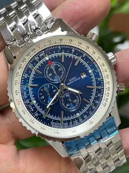 Luxury New Mens Quartz Chronograph Watch GMT 7 Hands Stainless Steel Black Blue Rose Gold Watches