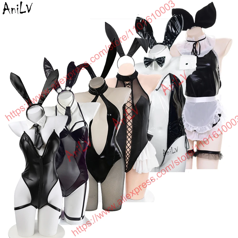 Anilv neue Bunny Girl Serie Leder Boy suit Univon Cosplay Frauen Reiß verschluss Hohl gitter Kaninchen Stram pler Pyjama Outfits Kostüme