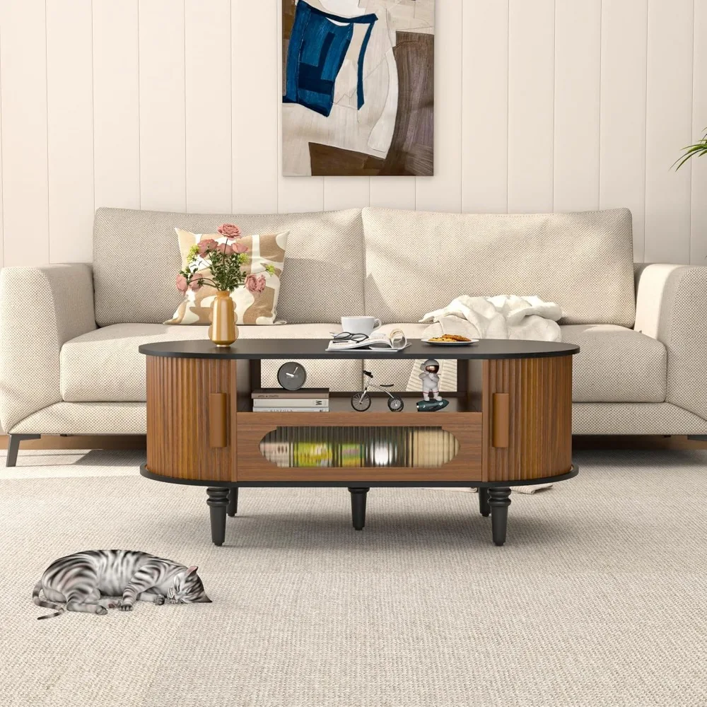 Gecanneleerde ronde salontafel met opbergruimte, moderne ovale salontafel met lade, schuifdeur, lage kleine middentafels voor het leven R