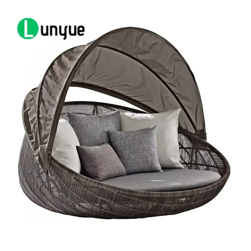 Custom Modern Rattan Outdoor Sofa Bed With Canopy Poolside Lounge Set Waterproof Sunshade Garden Patio Furniture