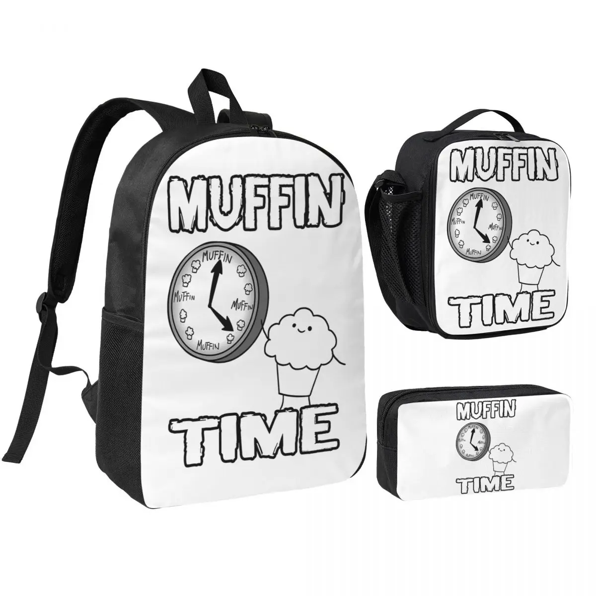 It Is Muffin Time (With Text) Backpack Boys Girls BookBag School Bag Shoulder Bags 3ps Insulated Lunch Bag Pencil Case
