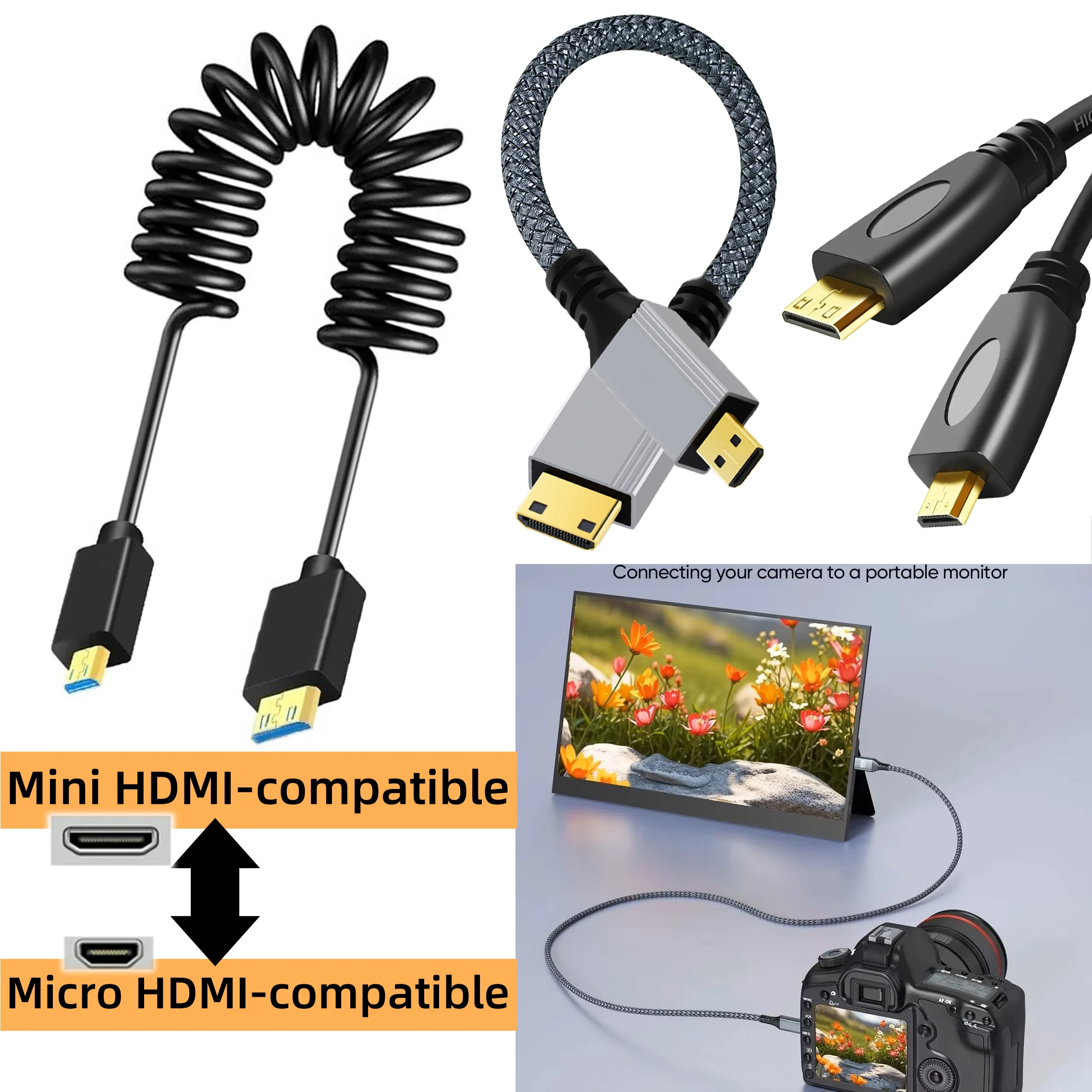 Micro HDMI-compatible to Mini HDMI-compatible Cable 8K Coiled Cord 4K 1080P for Raspberry Pi 5/4 Gopro Camera Portable Monitor
