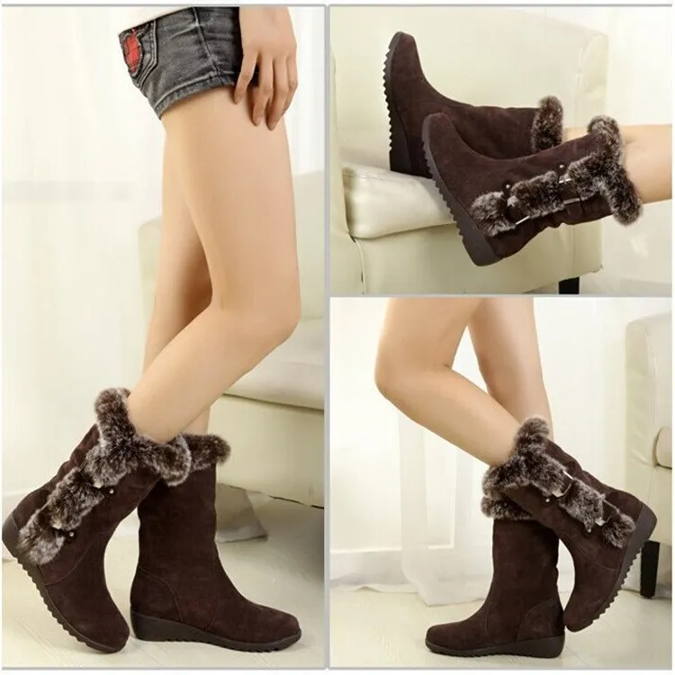 New Winter Women Boots Casual Warm Fur Mid-Calf Boots shoes Women Slip-On Round Toe wedges Snow Boots shoes Muje Plus size2021