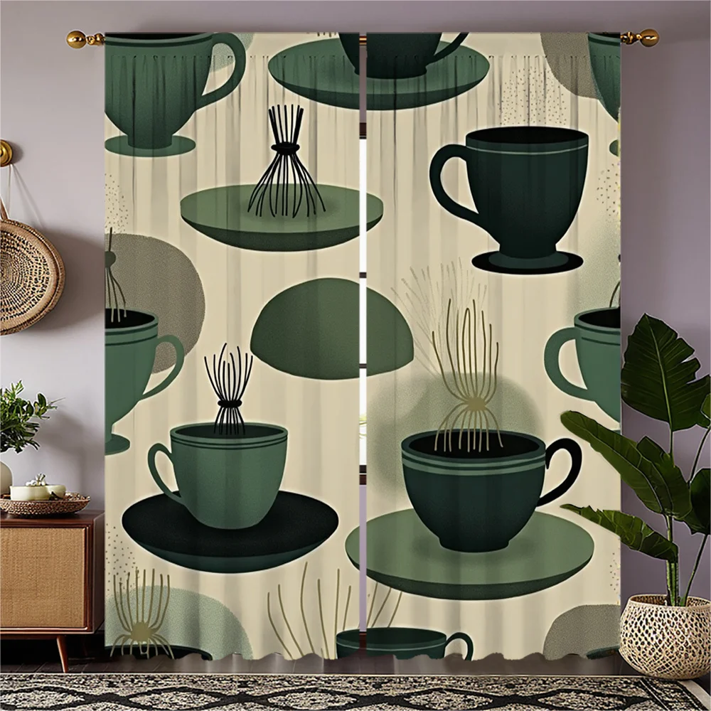 2pcs Retro Kitchen Style Curtains, Polyester 100. Fabric, Semi-Transparent, Machine Washable, Rod Pocket Hanging, Classic Arts T