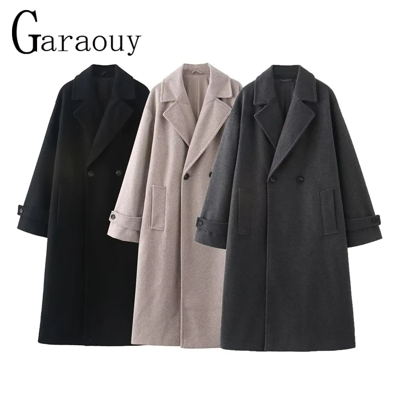 Garaouy Winter Coat For Women 2024 Solid Lapel Double Breasted Long Cardigan Top Female Pokcet Streetwear Woman New In OuterCoat