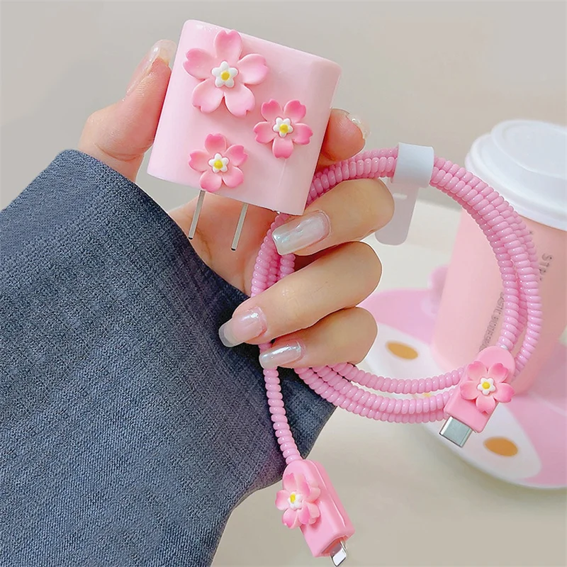 5pcs Korea Cute 3D Pink Cherry Blossom Charger Cover For IPhone 11 12 13 14 18W-20W Charge Correa Protection Sleeve Accessories