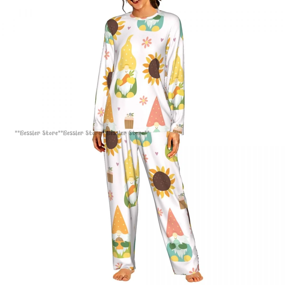Women Casual Round Neck 2PCS Sleepwear Set Long Sleeve Shirt & Long Pants Gnomes With Sunflowers- Daily Home Loungewear