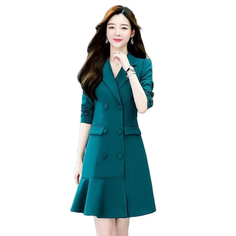 

2022 Spring And Autumn New Temperament Slim Skirt Lace-up Solid Color Slim Suit Collar Windbreaker Female Korean Version