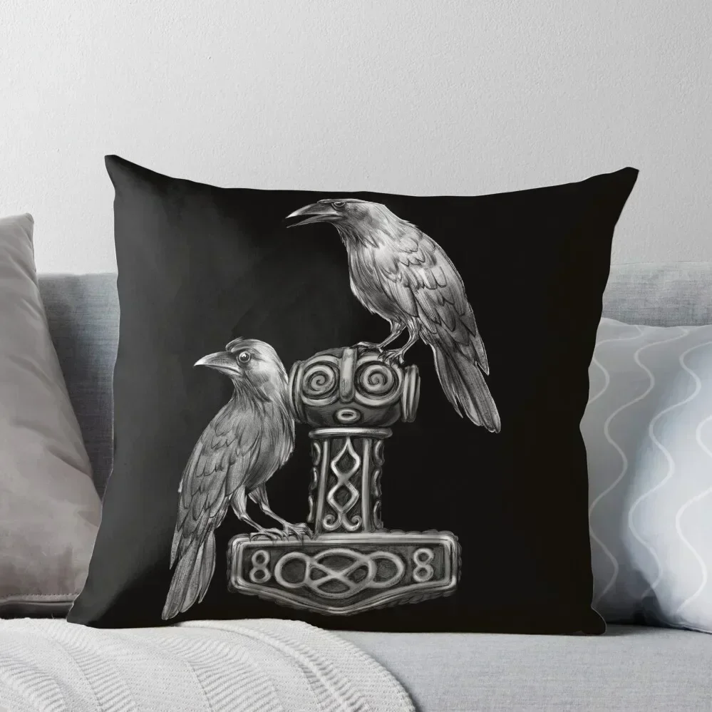 

Thor Hammer Mjlnir with Odin Ravens Hugin and Munin Throw Pillow autumn decoration Decorative Cover For Living Room pillow