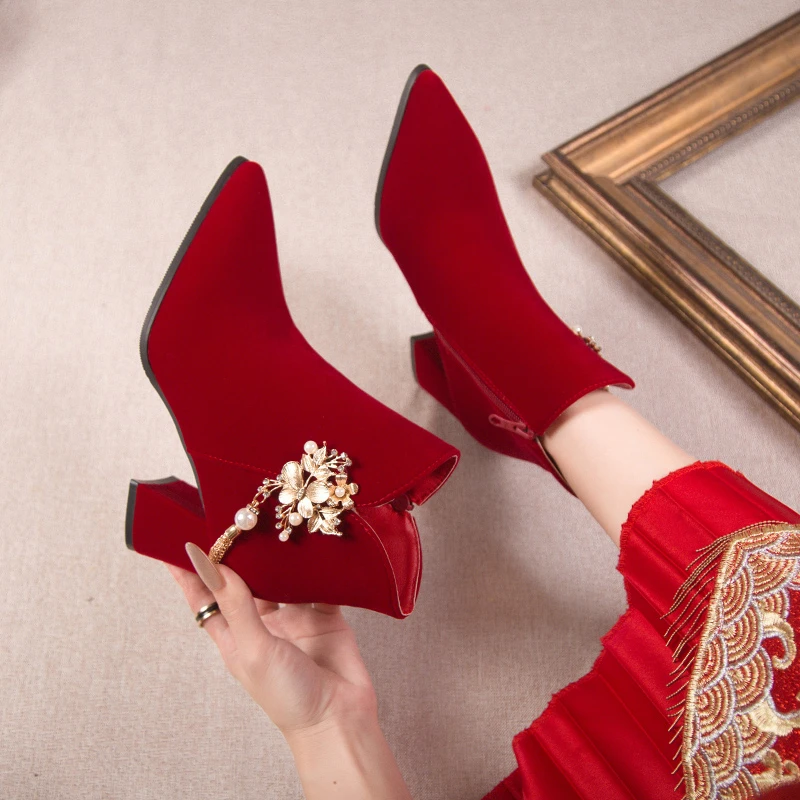 Red Wedding Bridal Shoes 2024 Winter Women\'s Boots Stylish Pointed Toe High Heel Ankle Boots Female Elegant Dress Banquet Shoes