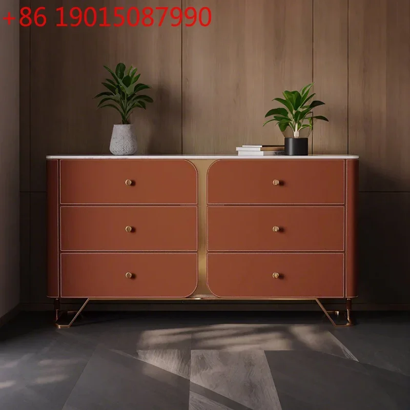 

Saddle leatherdining side cabinet light luxury rock slab modern simple entrance high cabinet integrated against the wall storage