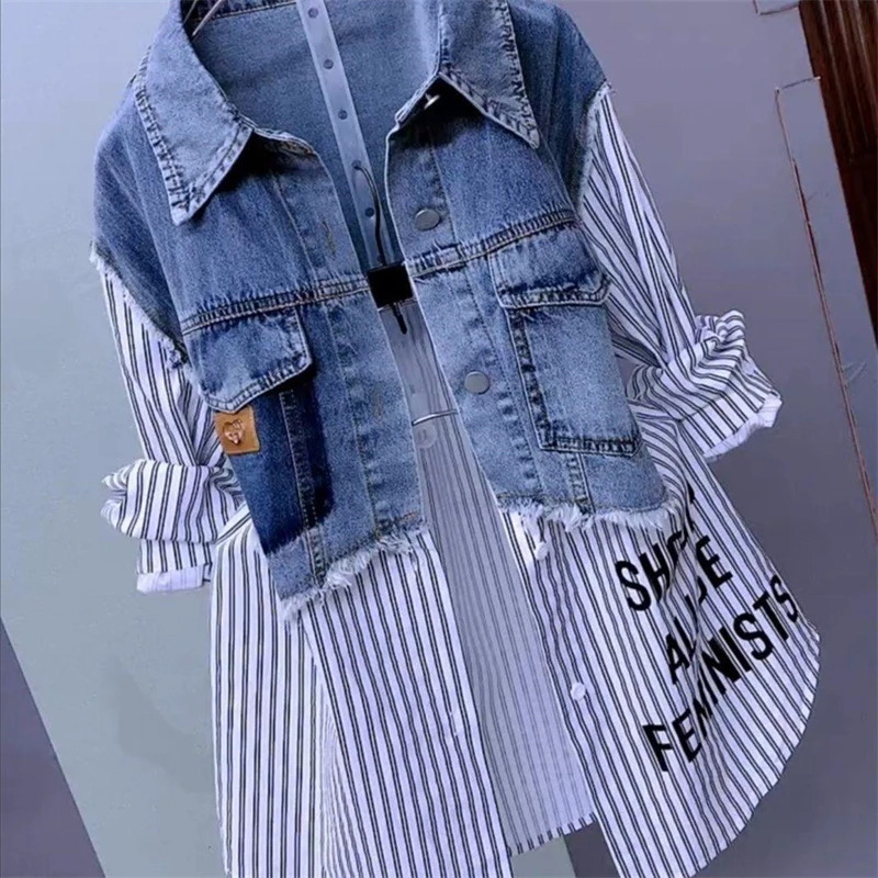 

2025 New Splicing Denim Jacket Women's Spring Autumn Korean Fashion Denim Shirt Ladies Tops Casual Jeans Coat Female Windbreaker