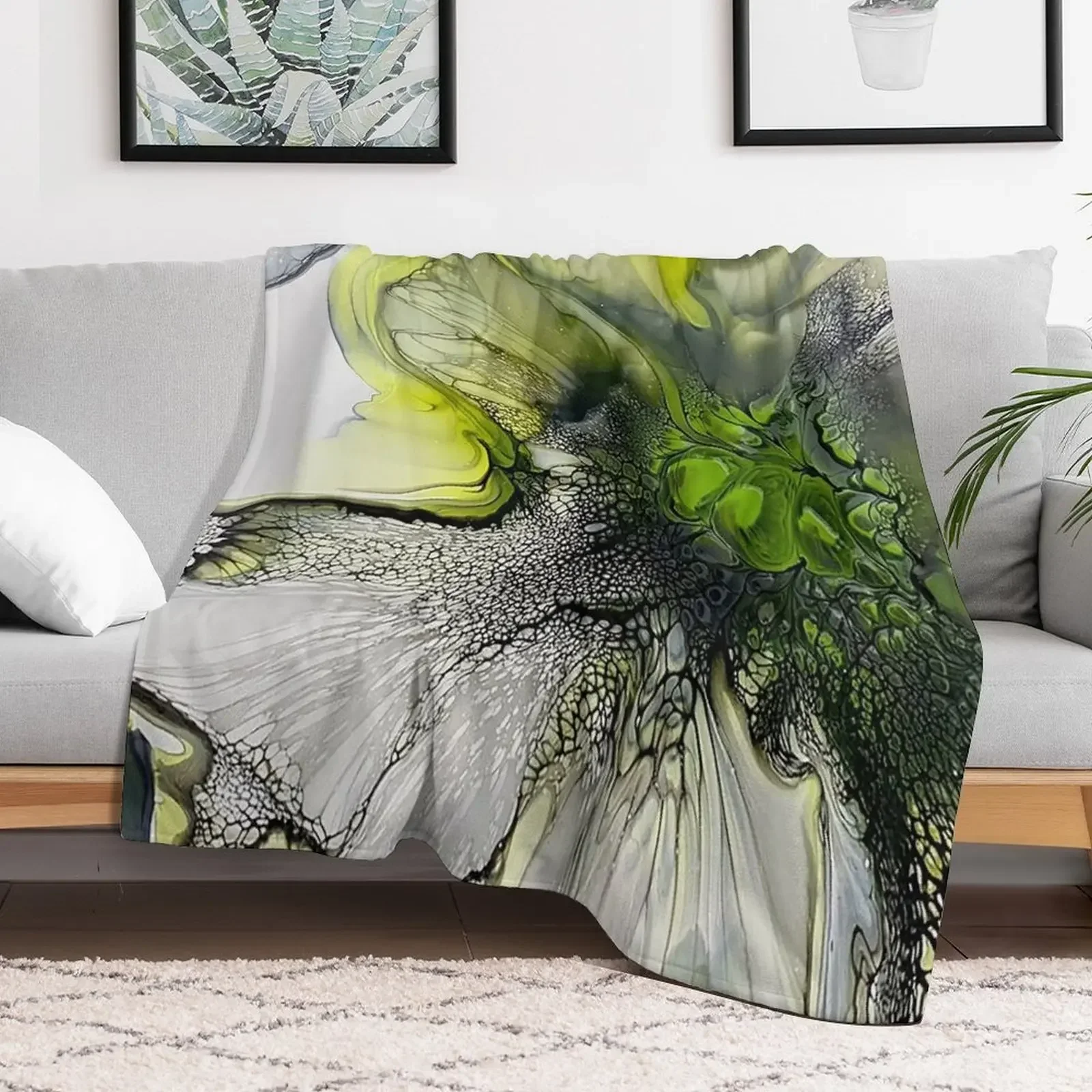 

Beautiful Lime Green and Grey Abstract Fluid Art Acrylic Pour Painting Throw Blanket Luxury Thicken Picnic Blankets