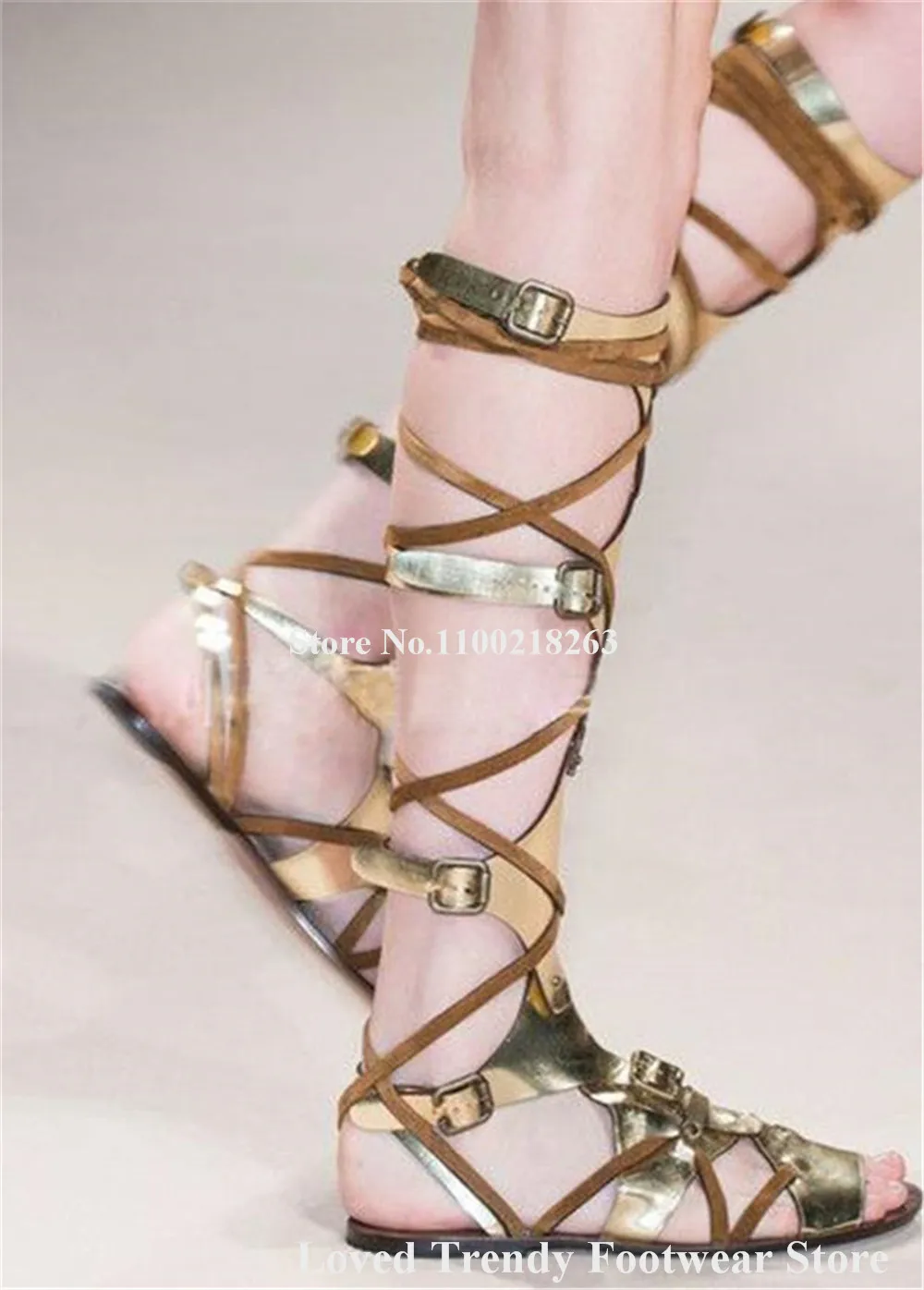 

Gold Brown Patchwork Knee High Flat Gladaitor Boots Open Toe Metal Buckles Straps Cross Long Beach Sandals Comfortable Shoes