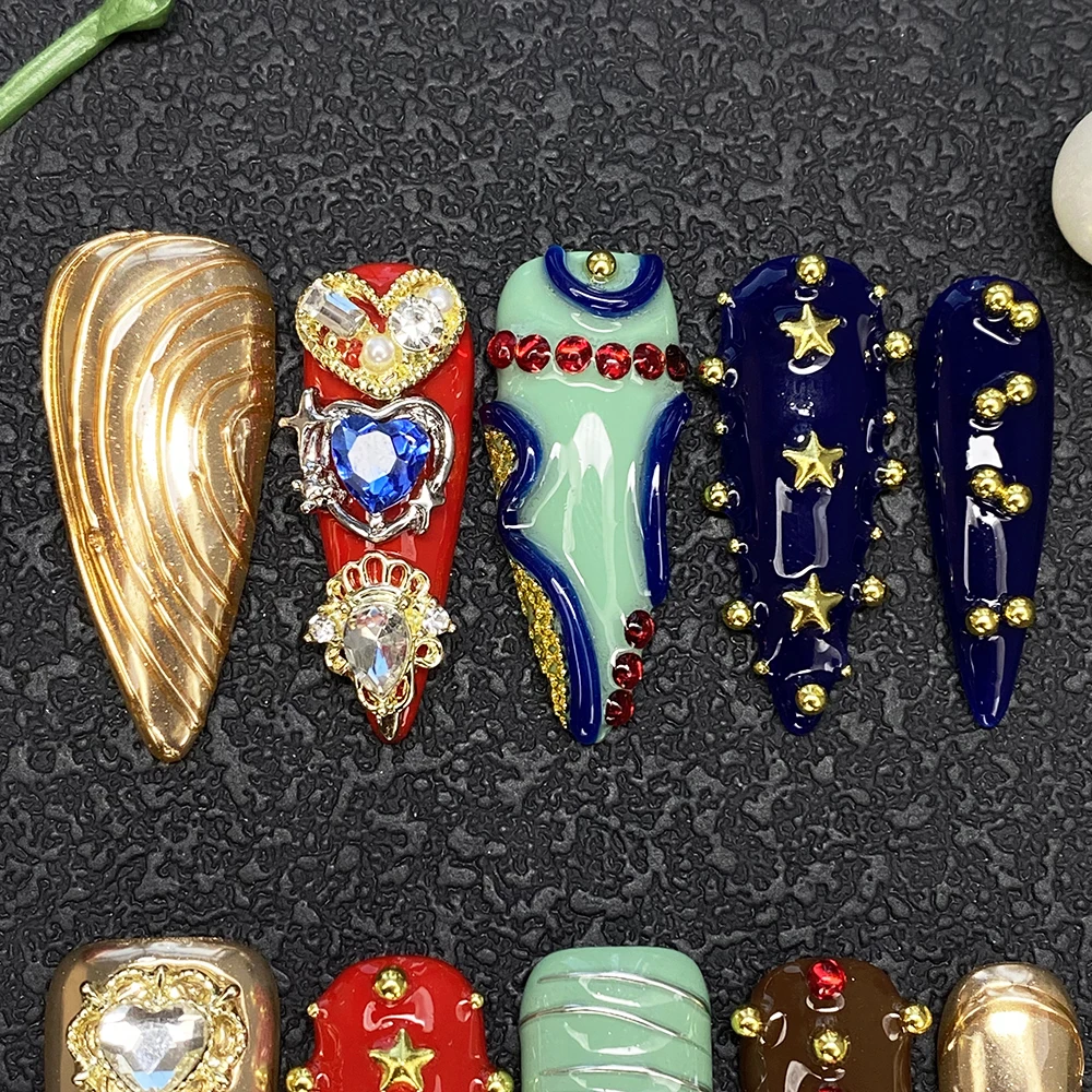 

10 шт. накладных ногтей ручной работы с гелевым покрытием, роскошные, в стиле Y2K, изысканные, прочные, многоразовые, для повседневного использования