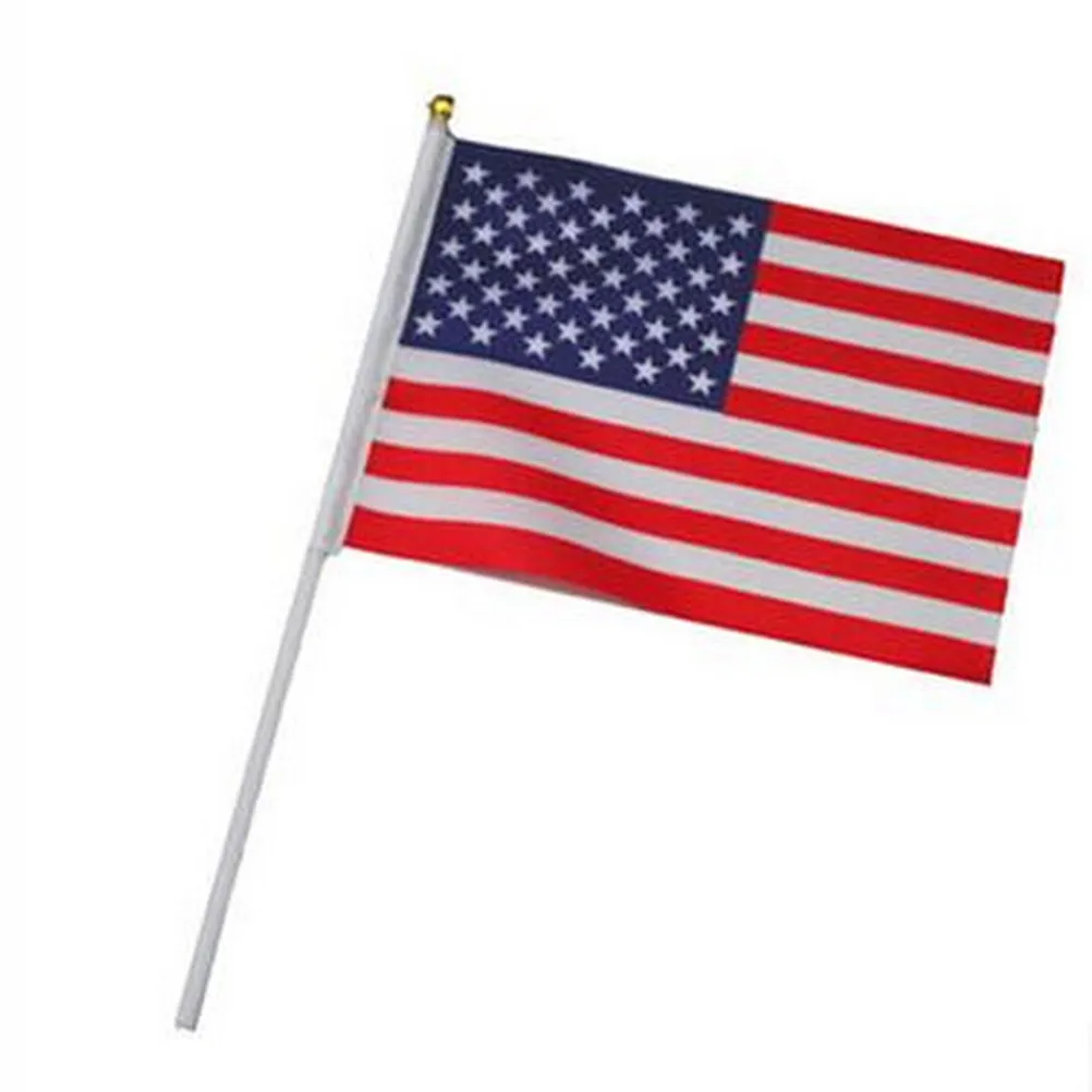 50Pcs American Mini Hand Waving Flags 14x21cm Polyester Usa Flag with Gold Ball for National Events Waving Flag