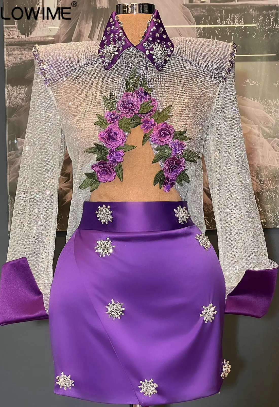 Purple Floral Glittery Two Pieces Set Long Sleeves Short Prom Girls Dresses Haute Couture Fashion Crystals High Neck Party Gowns